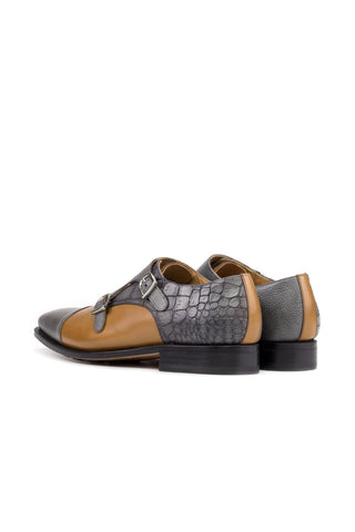 Ambrogio Bespoke Cognac & Gray Multi-Materials Monk-Straps Loafers (AMB2442)-AmbrogioShoes