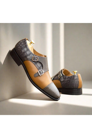 Ambrogio Bespoke Cognac & Gray Multi-Materials Monk-Straps Loafers (AMB2442)-AmbrogioShoes