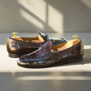 Ambrogio Bespoke Custom Black & Darkbrown Alligator Belgian Loafers (AMB2220)