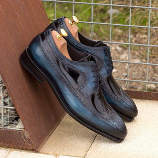 Ambrogio Bespoke Custom Black & Denim Patent / Patina Leather Longwing Blucher Oxfords (AMB2124)