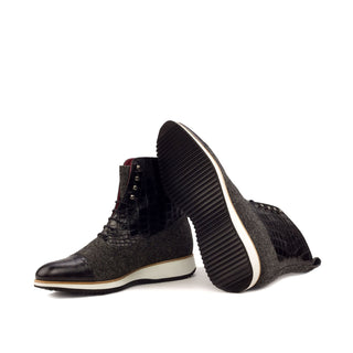 Ambrogio Bespoke Custom Black & Gray Fabric / Crocodile Embossed Leather Balmoral Boots (AMB2128)