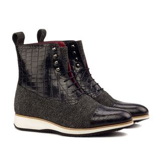 Ambrogio Bespoke Custom Black & Gray Fabric / Crocodile Embossed Leather Balmoral Boots (AMB2128)