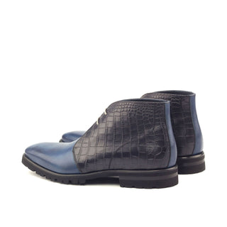 Ambrogio Bespoke Custom Black & Navy Crocodile Embossed / Leather Chukka Boots (AMB1882)