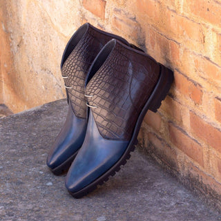 Ambrogio Bespoke Custom Black & Navy Crocodile Embossed / Leather Chukka Boots (AMB1882)