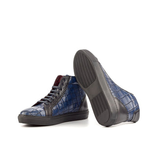 Ambrogio Bespoke Custom Black & Navy Crocodile Embossed / Leather High-Top Sneakers (AMB1961)