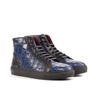 Ambrogio Bespoke Custom Black & Navy Crocodile Embossed / Leather High-Top Sneakers (AMB1961)