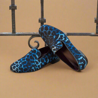 Ambrogio Bespoke Custom Black & Navy Leopard Embossed / Leather Wellington Loafers (AMB1962)