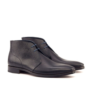 Ambrogio Bespoke Custom Black & Navy Pebble Grain / Leather Chukka Boots (AMB1940)
