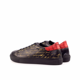 Ambrogio Bespoke Custom Black & Red Crocodile Embossed / Leather Stencil Trainer Sneakers (AMB1865)