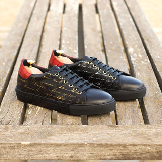 Ambrogio Bespoke Custom Black & Red Crocodile Embossed / Leather Stencil Trainer Sneakers (AMB1865)
