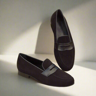 Ambrogio Bespoke Custom Black Suede Wellington Penny Loafers (AMB1977)