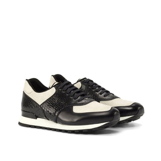 Ambrogio Bespoke Custom Black & White Python / Suede / Polished Leather Jogger Sneakers (AMB2203)
