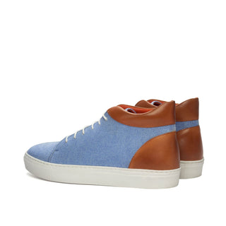 Ambrogio Bespoke Custom Blue & Cognac Linen / Leather High-Top Sneakers (AMB2134)