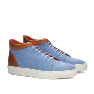 Ambrogio Bespoke Custom Blue & Cognac Linen / Leather High-Top Sneakers (AMB2134)