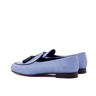Ambrogio Bespoke Custom Blue Linen Fabric Tassels Loafers (AMB1978)