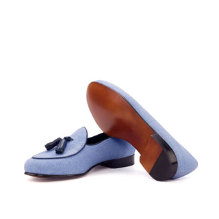 Ambrogio Bespoke Custom Blue Linen Fabric Tassels Loafers (AMB1978)
