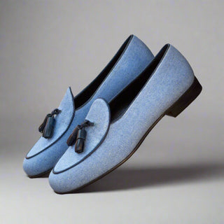 Ambrogio Bespoke Custom Blue Linen Fabric Tassels Loafers (AMB1978)
