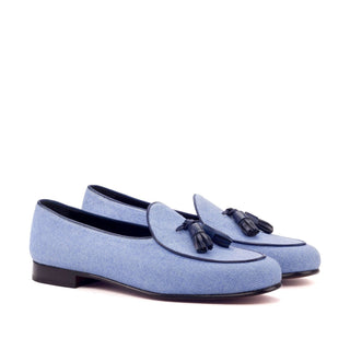 Ambrogio Bespoke Custom Blue Linen Fabric Tassels Loafers (AMB1978)