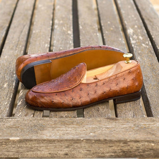 Ambrogio Bespoke Custom Brown & Cognac Ostrich & Leather Belgian Loafers (AMB1860)