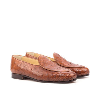 Ambrogio Bespoke Custom Brown & Cognac Ostrich & Leather Belgian Loafers (AMB1860)