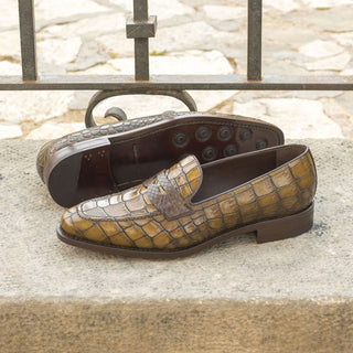 Ambrogio Bespoke Custom Brown & Olive Python / Crocodile Embossed / Leather Loafers (AMB2210)