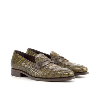 Ambrogio Bespoke Custom Brown & Olive Python / Crocodile Embossed / Leather Loafers (AMB2210)