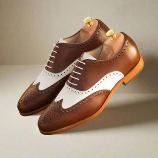 Ambrogio Bespoke Custom Brown & White Leather Full Brogue Oxfords (AMB2113)