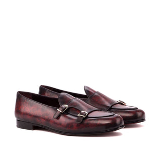 Ambrogio Bespoke Custom Burgundy Patina Leather Monk-Straps Loafers (AMB1902)