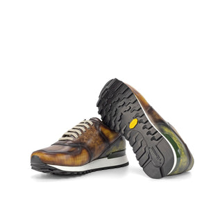 Ambrogio Bespoke Custom Cognac, Brown & Khaki Patina Leather Jogger Sneakers (AMB2188)