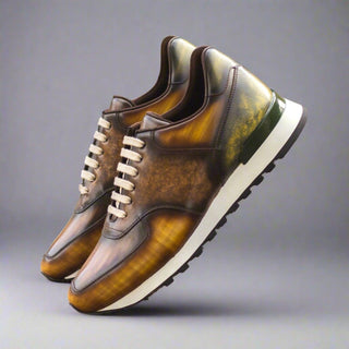 Ambrogio Bespoke Custom Cognac, Brown & Khaki Patina Leather Jogger Sneakers (AMB2188)