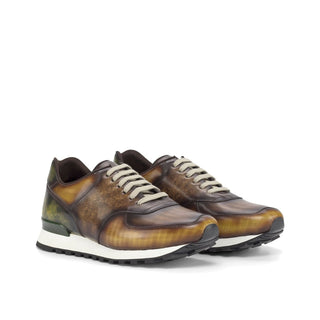 Ambrogio Bespoke Custom Cognac, Brown & Khaki Patina Leather Jogger Sneakers (AMB2188)