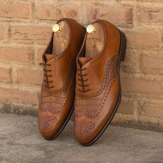 Ambrogio Bespoke Custom Cognac & Dark Brown Crocodile Embossed / Leather Wingtip Oxfords (AMB1929)