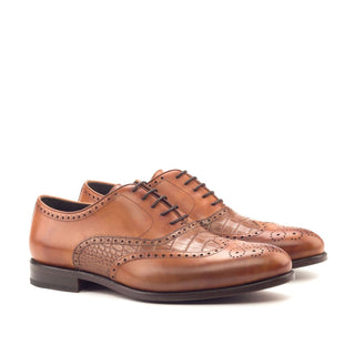 Ambrogio Bespoke Custom Cognac & Dark Brown Crocodile Embossed / Leather Wingtip Oxfords (AMB1929)