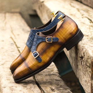 Ambrogio Bespoke Custom Cognac & Navy Crocodile Embossed / Patina Leather Monk-Straps Loafers (AMB1912)