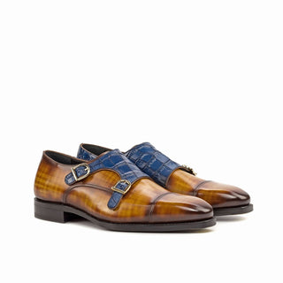 Ambrogio Bespoke Custom Cognac & Navy Crocodile Embossed / Patina Leather Monk-Straps Loafers (AMB1912)
