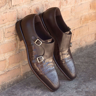 Ambrogio Bespoke Custom Dark Brown Crocodile Embossed / Leather Monk-Straps Loafers (AMB1945)