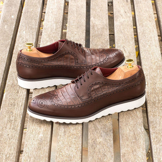 Ambrogio Bespoke Custom Dark Brown Crocodile Embossed / Leather Wingtip Oxfords (AMB1896)