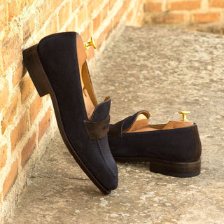 Ambrogio Bespoke Custom Dark Brown & Navy Suede / Leather Penny Loafers (AMB2115)