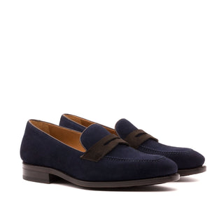 Ambrogio Bespoke Custom Dark Brown & Navy Suede / Leather Penny Loafers (AMB2115)
