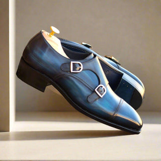 Ambrogio Bespoke Custom Denim Patina Leather Monk-Straps Loafers (AMB1965)