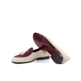 Ambrogio Bespoke Custom Ivory & Burgundy Suede Tassels Loafers (AMB1974)