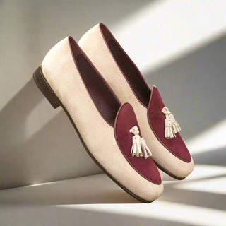 Ambrogio Bespoke Custom Ivory & Burgundy Suede Tassels Loafers (AMB1974)