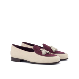 Ambrogio Bespoke Custom Ivory & Burgundy Suede Tassels Loafers (AMB1974)