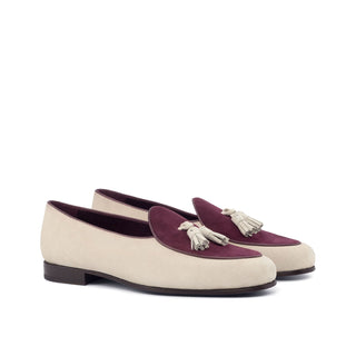 Ambrogio Bespoke Custom Ivory & Burgundy Suede Tassels Loafers (AMB1974)