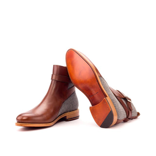 Ambrogio Bespoke Custom Light Gray & Brown Flannel Fabric / Leather Jodhpur Boots (AMB2108)