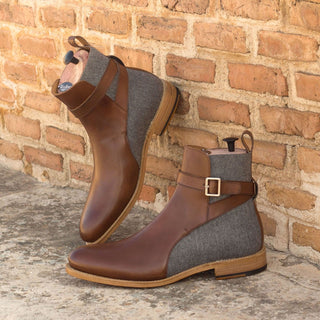 Ambrogio Bespoke Custom Light Gray & Brown Flannel Fabric / Leather Jodhpur Boots (AMB2108)