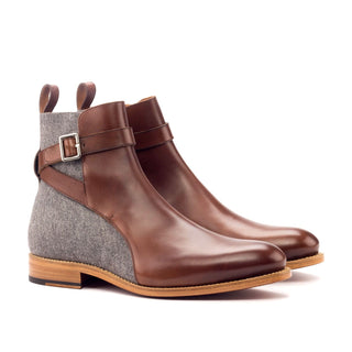 Ambrogio Bespoke Custom Light Gray & Brown Flannel Fabric / Leather Jodhpur Boots (AMB2108)