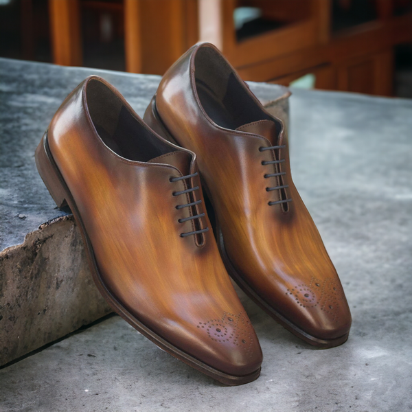 Ambrogio Bespoke Custom Men's Shoes Beige & Denim Patina Leather Wholecut Oxfords (AMB1982)-AmbrogioShoes