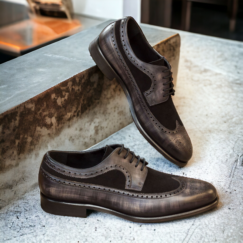 Ambrogio Bespoke Custom Men's Shoes Black & Gray Suede / Patina Leather Wintip Oxfords (AMB1987)-AmbrogioShoes