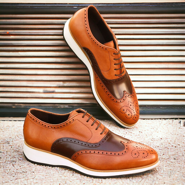 Ambrogio Bespoke Custom Men's Shoes Brown & Cognac Full Grain / Polished Leather Full Brogue Oxfords (AMB2125)-AmbrogioShoes